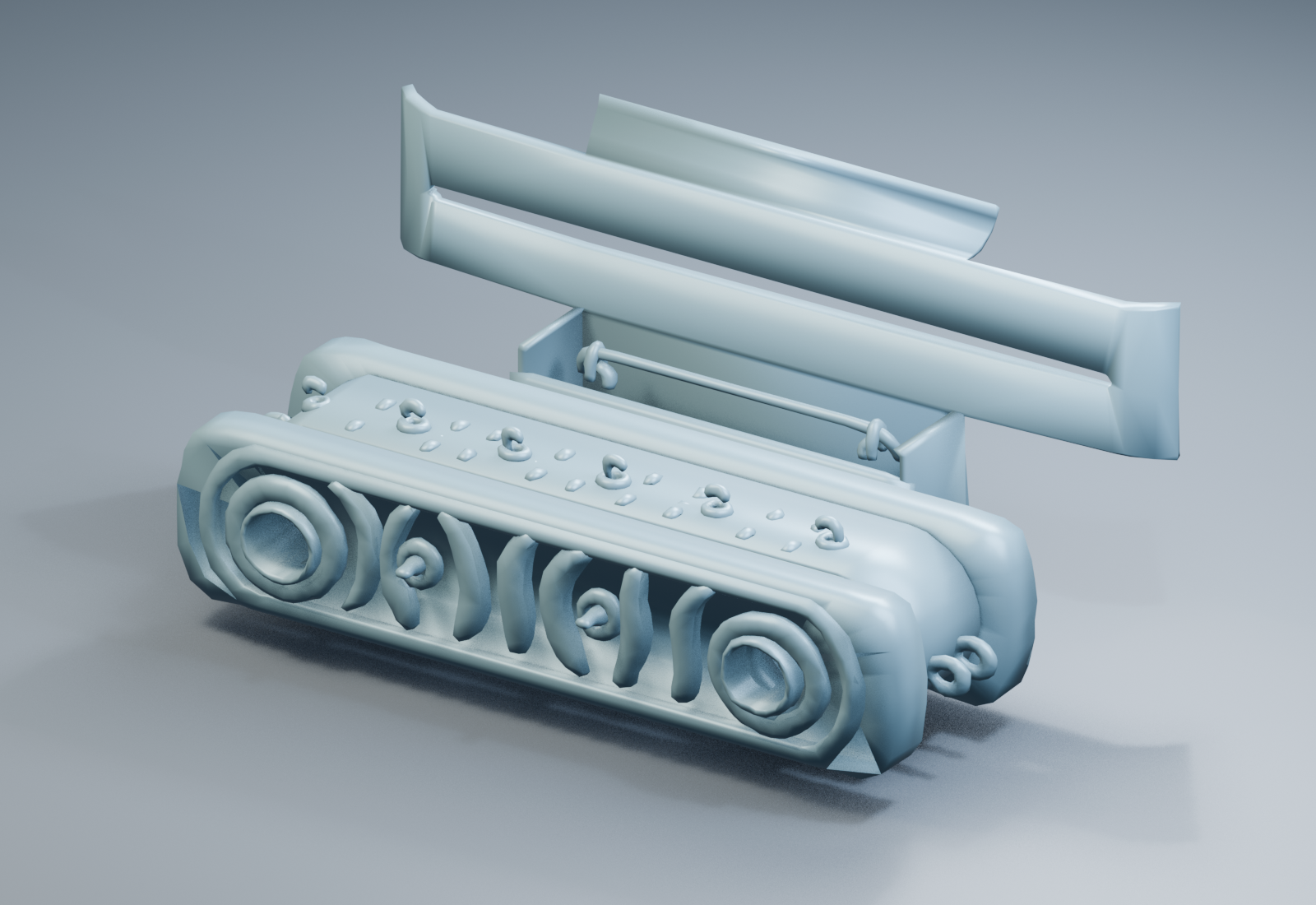 Meshy's initial blue-grey interpretation, showing a recognizable tractor outline with distorted pins and openings.